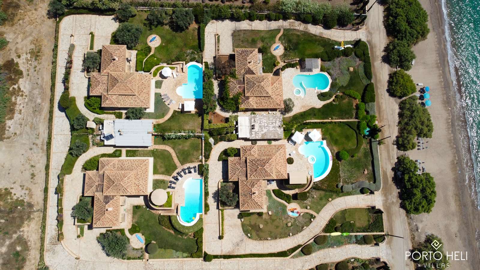 Aerial view of a seafront villa in Porto Heli